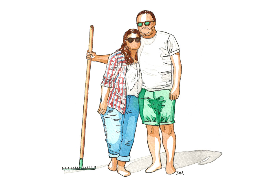 Dessin de vacances à l'aquarelle, couple à la plage.