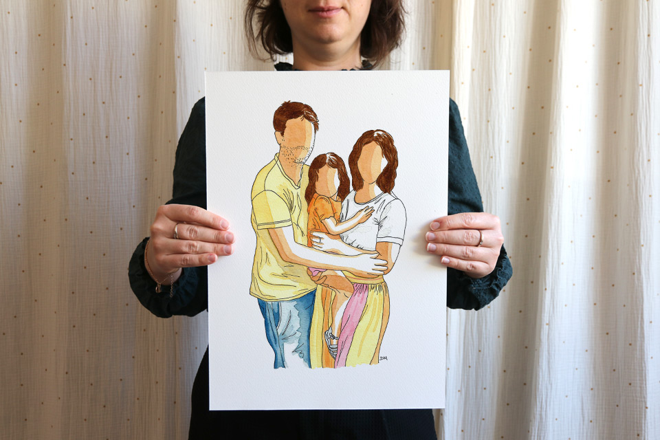 Portrait personnalisé d'une famille avec un enfant