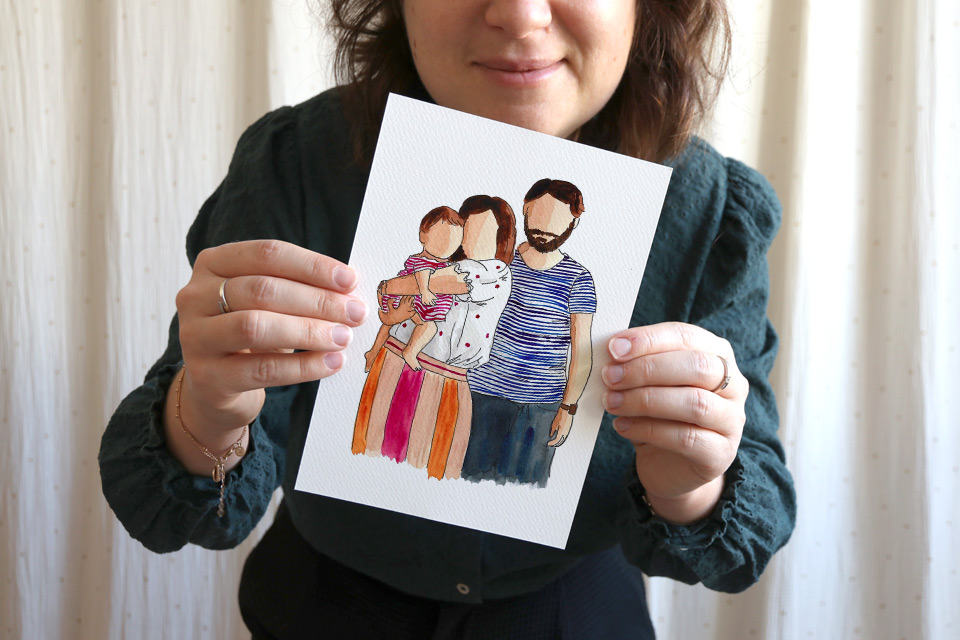 Portrait de famille à l’aquarelle d'après une photo.