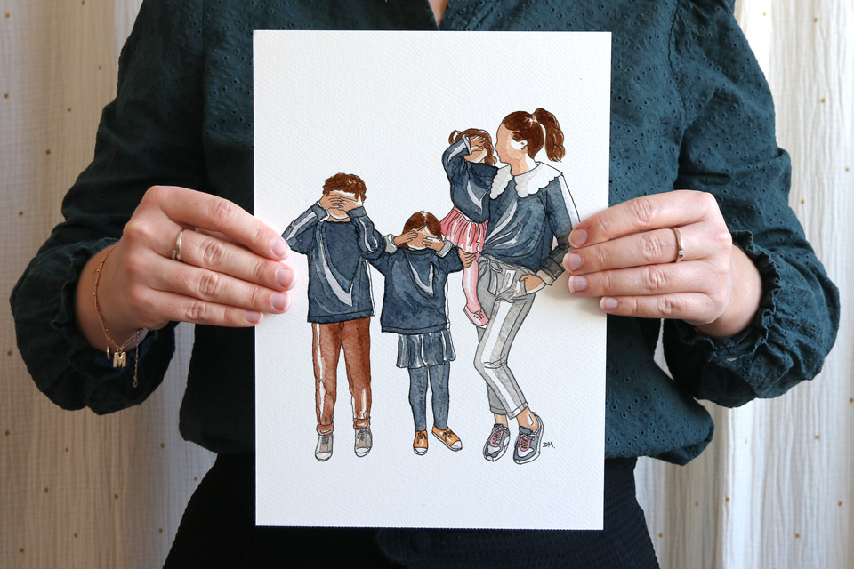 Cadeau fête des mères : portrait de famille à l'aquarelle.