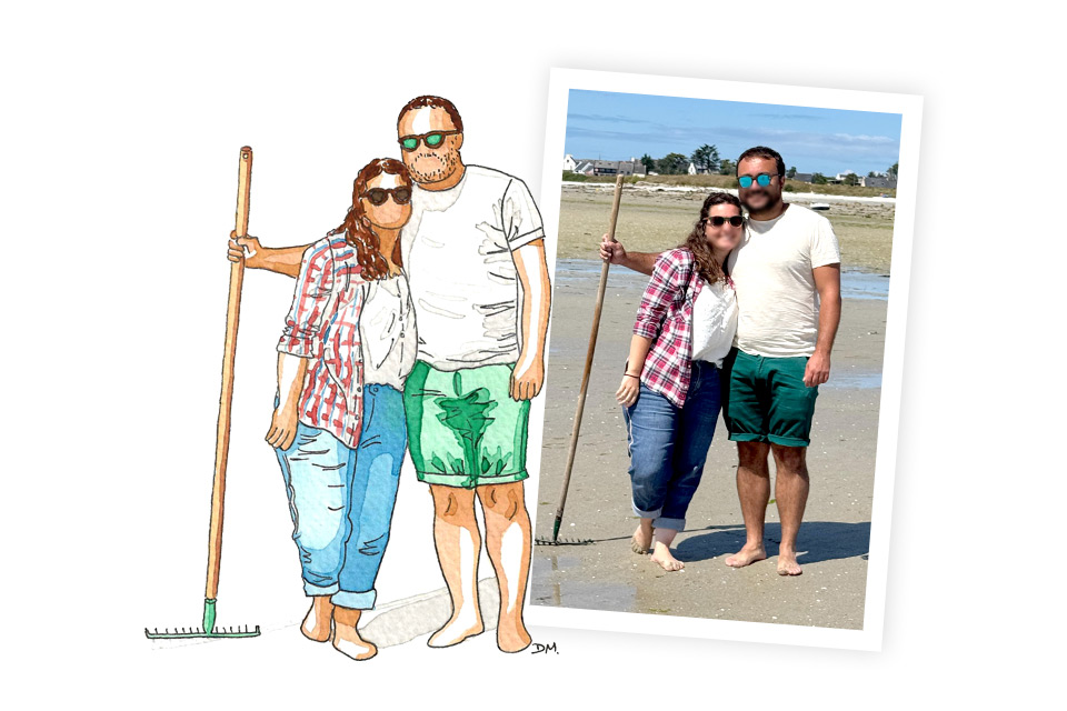 Dessin de vacances à l'aquarelle, couple à la plage.