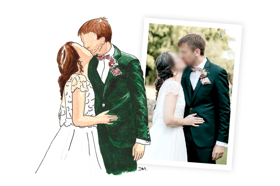 Portrait aquarelle d’après photo pour un mariage : faire-part, cadeau, remerciement, save the date, invitation.