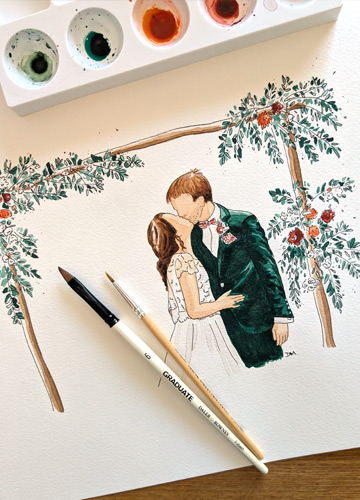 Dessin illustré d'un couple, à partir d'une photo de mariage.