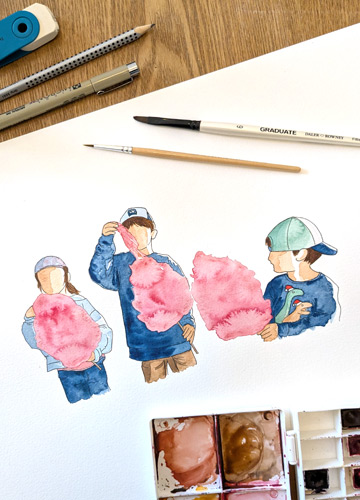 Portrait sur mesure d'une fratrie : frères et soeurs peints à l'aqaurelle.